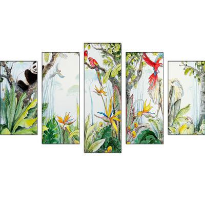 Animals & Bird In Forest Canvas Wall Painting- With 5 Frames