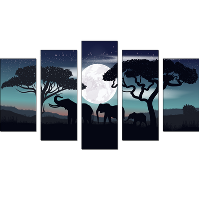 Family of Elephants In Night Canvas Wall Painting- With 5 Frames
