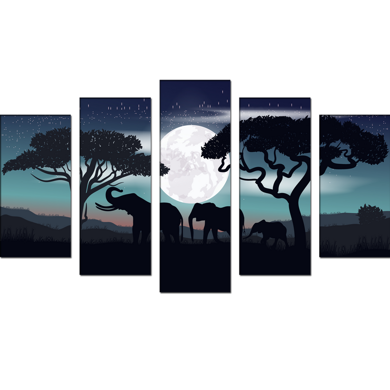 Family of Elephants In Night Canvas Wall Painting- With 5 Frames