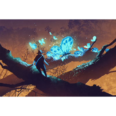 Man looking at Blue Butterflies Digitally Printed Wallpaper