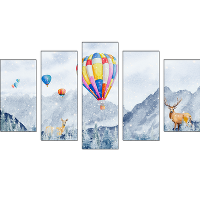 Hot Air Balloon And Deer Canvas Wall Painting- With 5 Frames