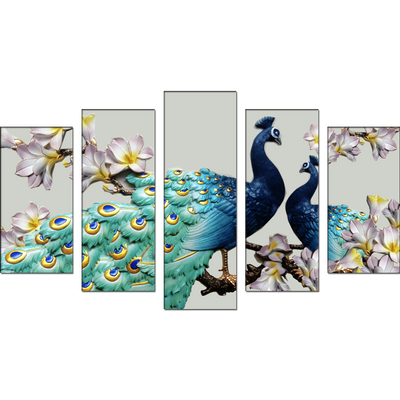 Couple Of Peacock Canvas Wall Painting- With 5 Frames
