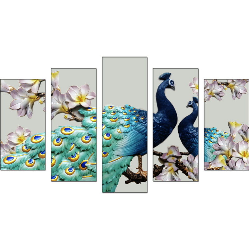 Couple Of Peacock Canvas Wall Painting- With 5 Frames