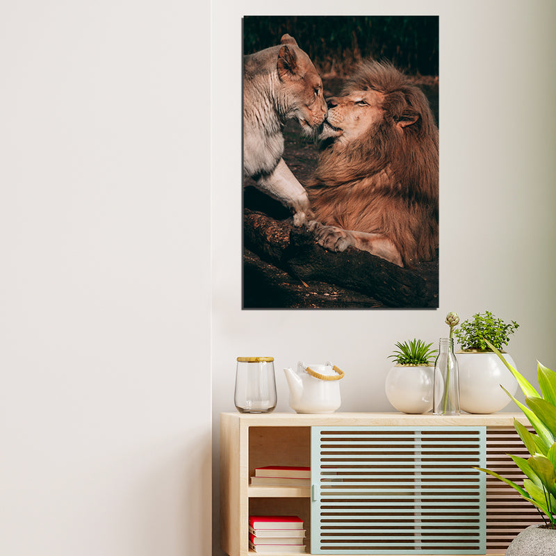Lion Couple Kissing scene in forest On Canvas Wall Painting