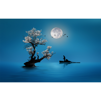 Fishing Under The Moon Light Digitally Printed Wallpaper