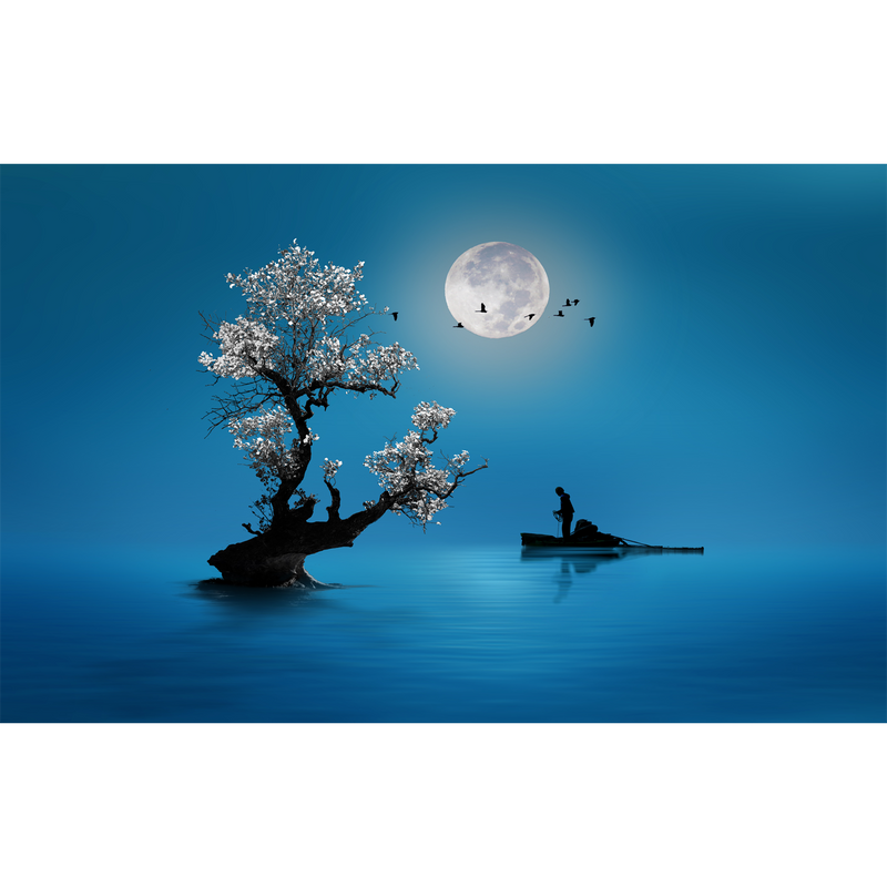Fishing Under The Moon Light Digitally Printed Wallpaper
