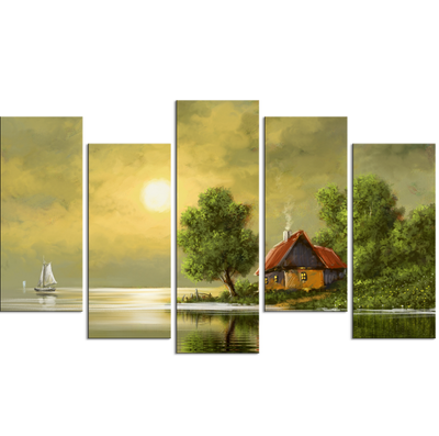 Beautiful Sunset In Village Canvas Wall Painting- With 5 Frames