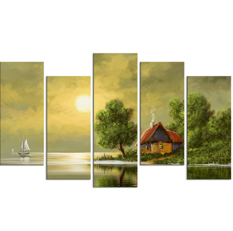 Beautiful Sunset In Village Canvas Wall Painting- With 5 Frames