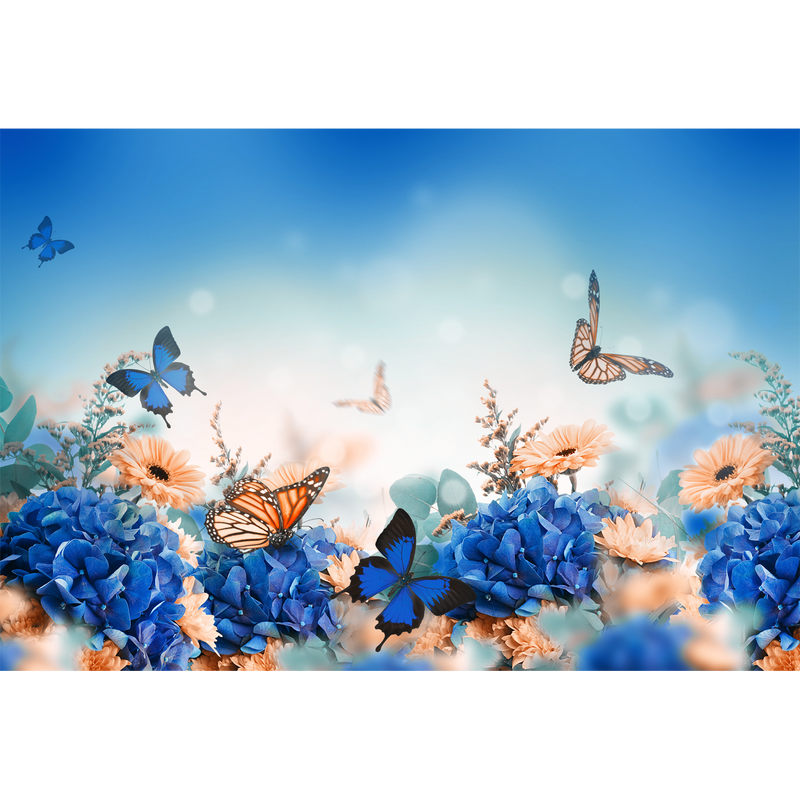 Blue Butterfly With Flower Digitally Printed Wallpaper