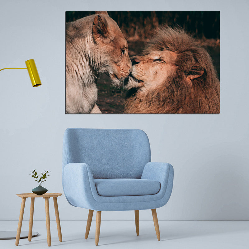 Lion Couple Kissing scene in forest On Canvas Wall Painting
