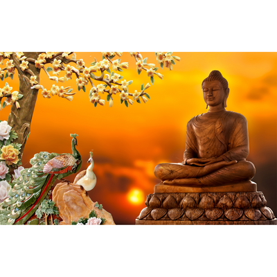 Buddha With Birds Digitally Printed Wallpaper