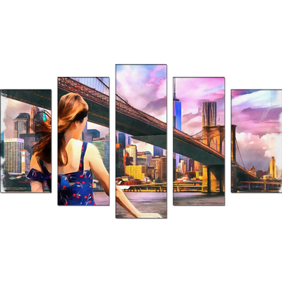 Girl Standing Into Brooklyn Bridge Canvas Wall Painting- With 5 Frames