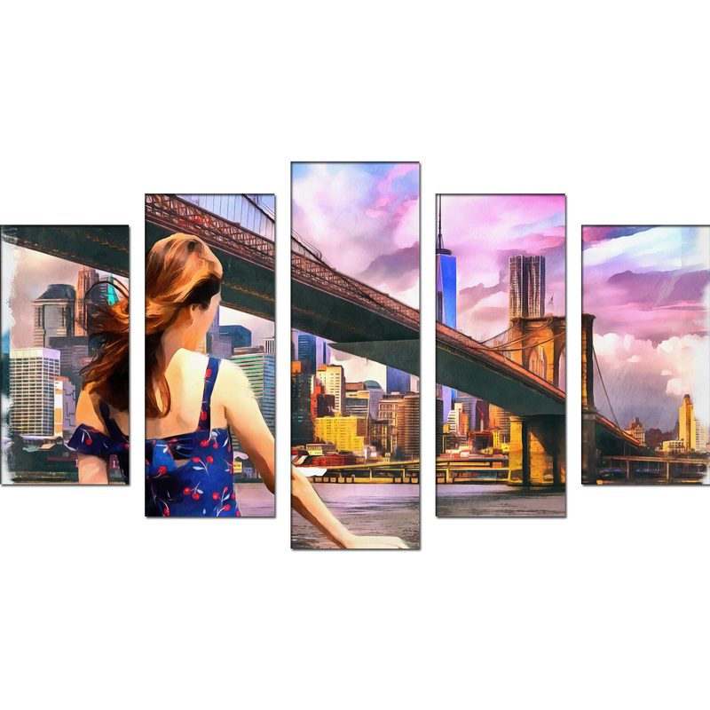 Girl Standing Into Brooklyn Bridge Canvas Wall Painting- With 5 Frames