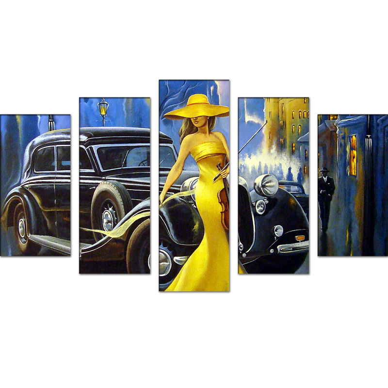 Modern Art Design Girl Wood Framed Canvas Wall Painting- With 5 Frames