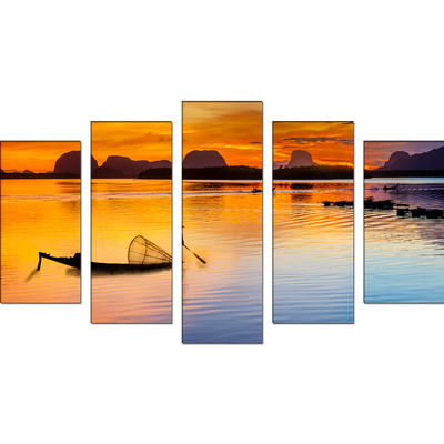 Boat Sunrise Canvas Wall Painting- With 5 Frames