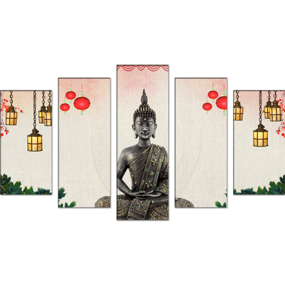 Buddha With Decorative Background Wood Framed Canvas Wall Painting- With 5 Frames