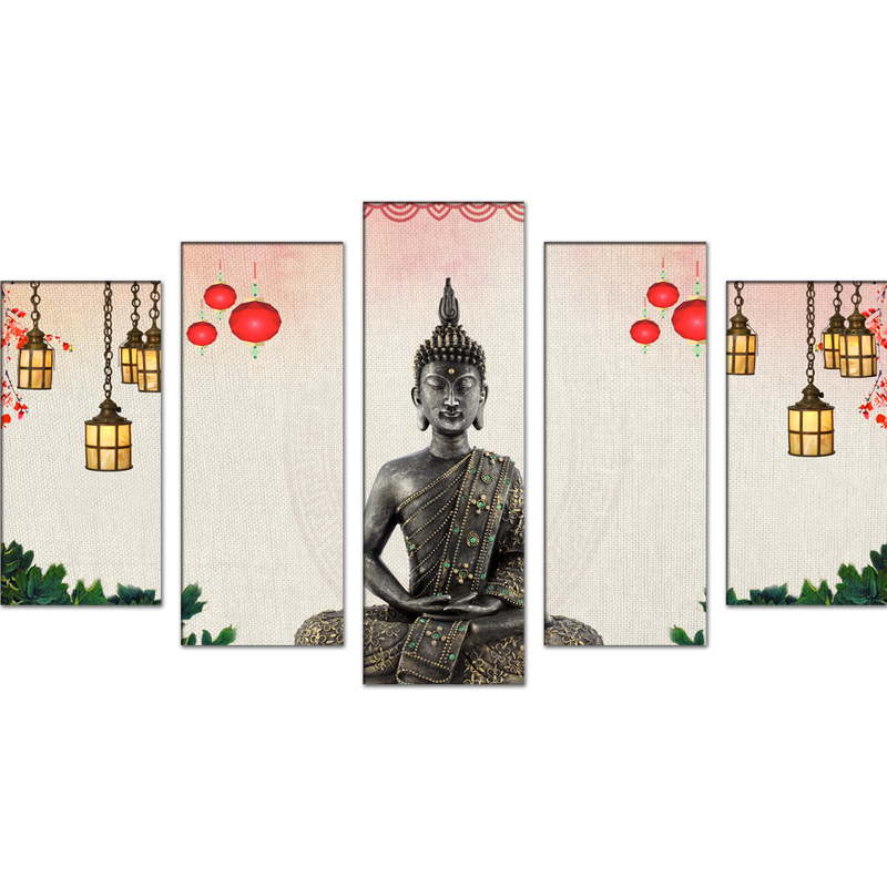 Buddha With Decorative Background Wood Framed Canvas Wall Painting- With 5 Frames
