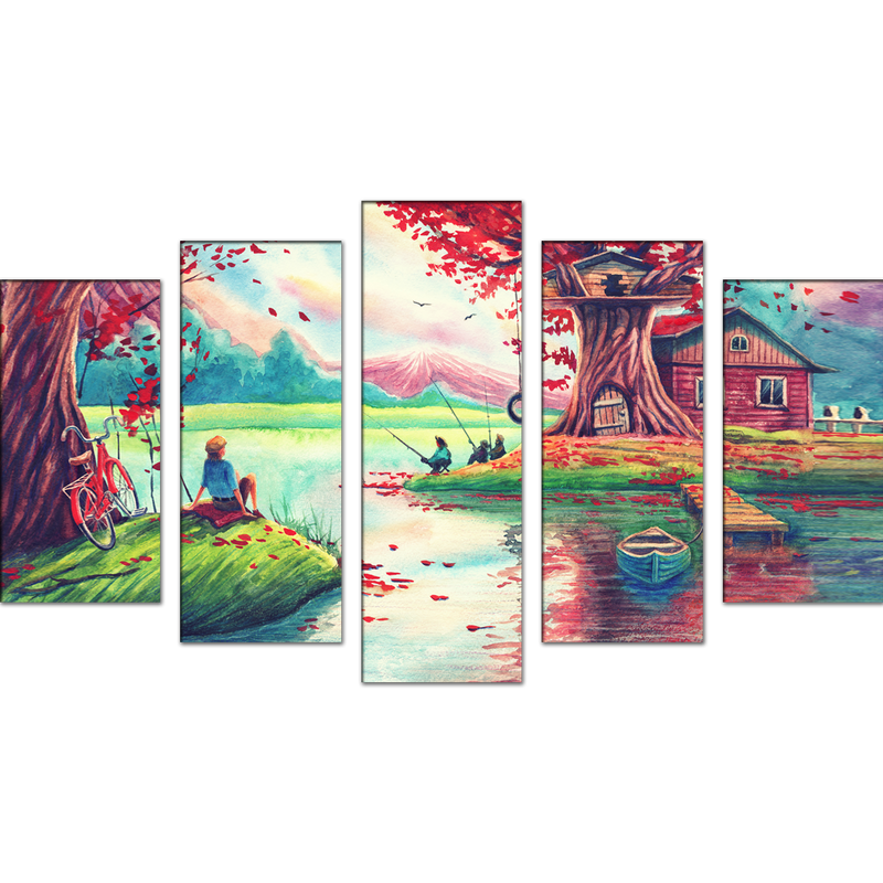 Oil Painting Village Scenery Canvas Wall Painting- With 5 Frames