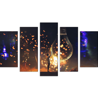 Man With Glowing Big Bulb Canvas Wall Painting- With 5 Frames