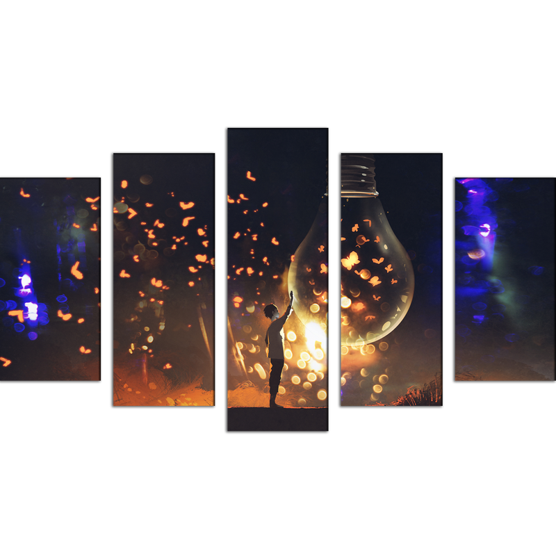 Man With Glowing Big Bulb Canvas Wall Painting- With 5 Frames