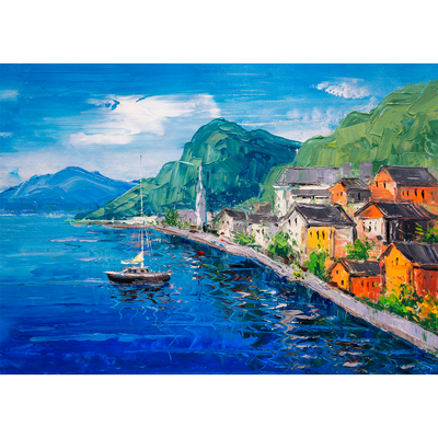 Mountains Near Blue Lake Artistic Scenery Digitally Printed Wallpaper