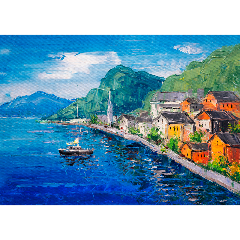 Mountains Near Blue Lake Artistic Scenery Digitally Printed Wallpaper