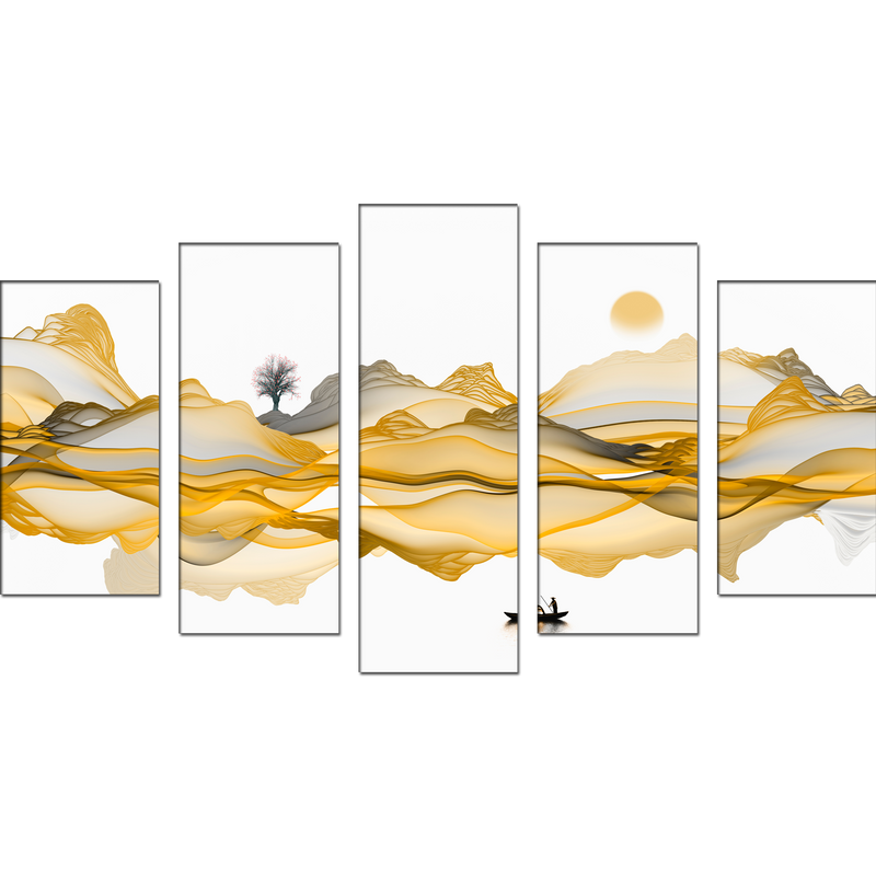 Golden Line Art Canvas Wall Painting- With 5 Frames