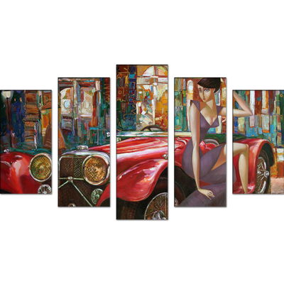 Girl With Car Abstract Wood Framed Canvas Wall Painting- With 5 Frames