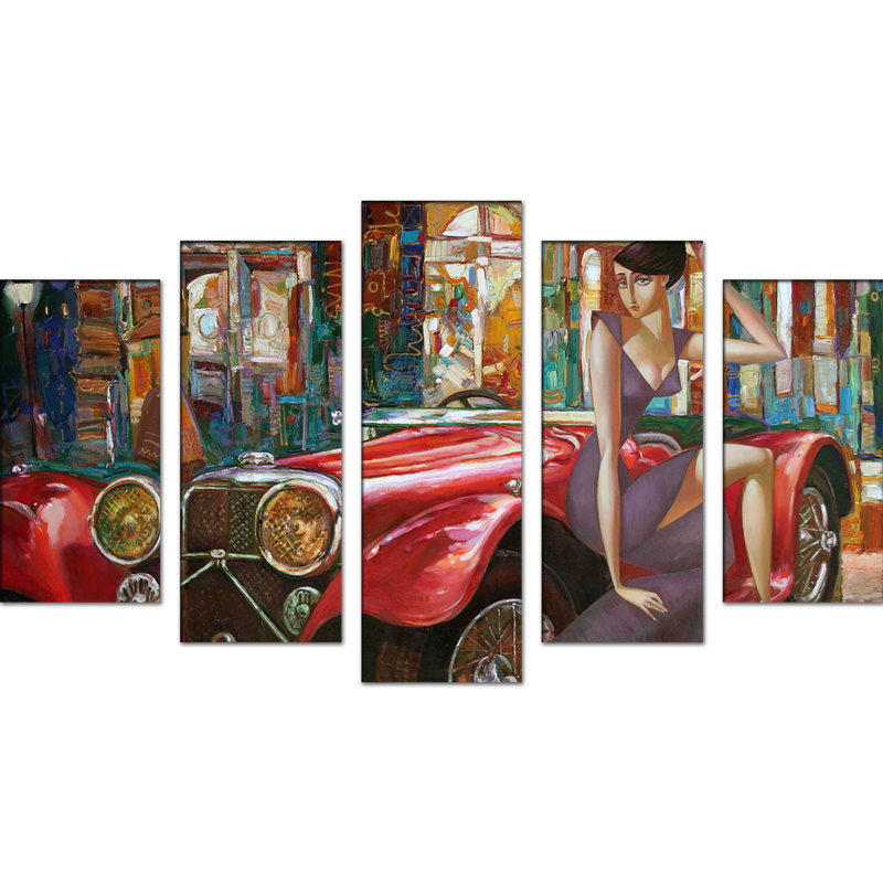 Girl With Car Abstract Wood Framed Canvas Wall Painting- With 5 Frames