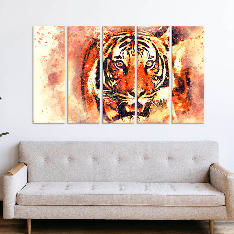 Abstract Tiger Face Canvas Wall Painting - With 5 Panel