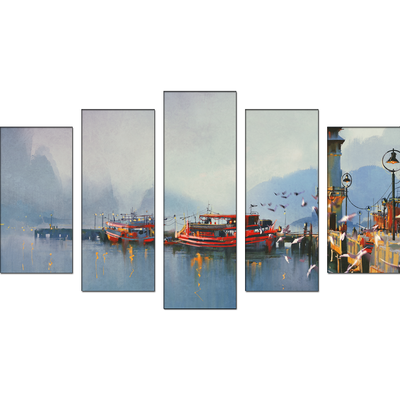 Fishing Boats In Harbor Canvas Panel Wall Painting - With 5 Frames