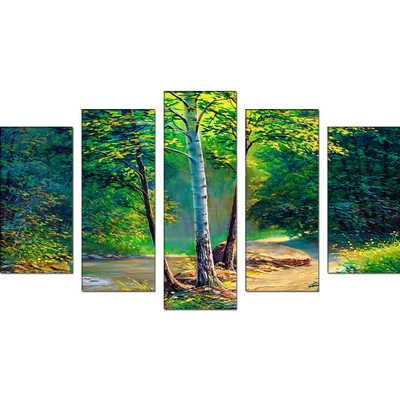 Green Forest Canvas Wall Painting- With 5 Frames