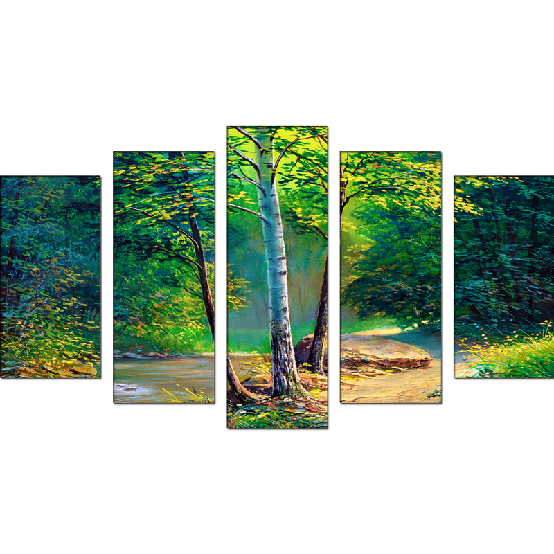 Green Forest Canvas Wall Painting- With 5 Frames