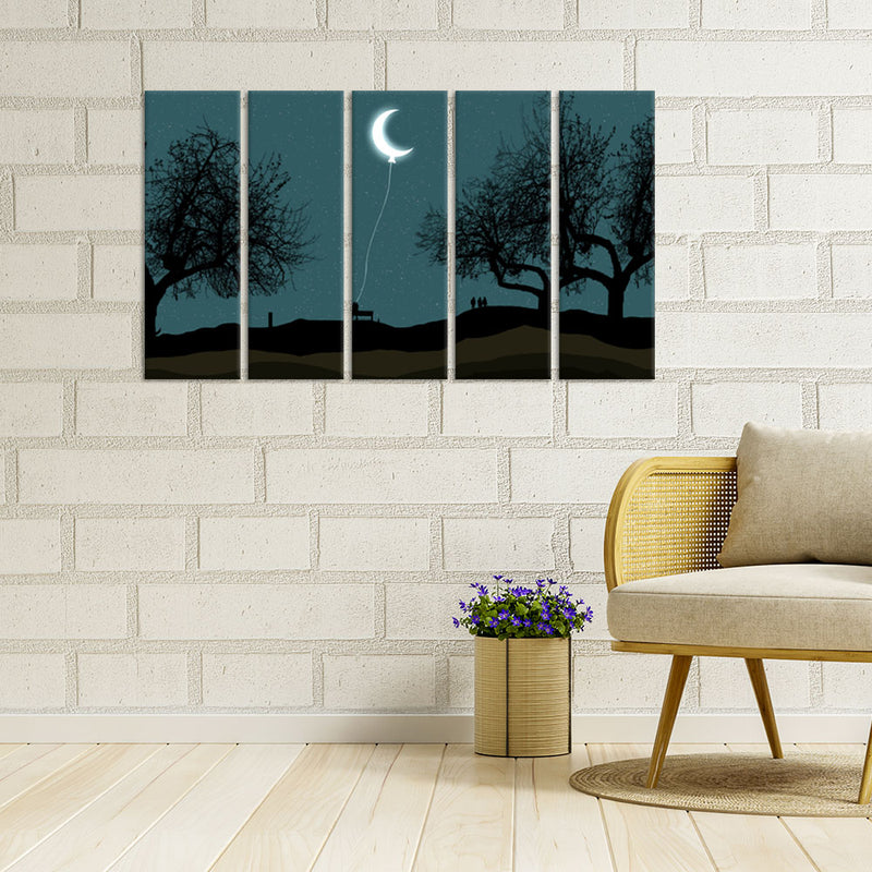 Moon Hanging With Rope Night Scenery Canvas Wall Painting - With 5 Panel