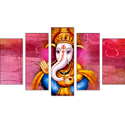 Lord Ganesha With Red Background Canvas Wall Painting- With 5 Frames