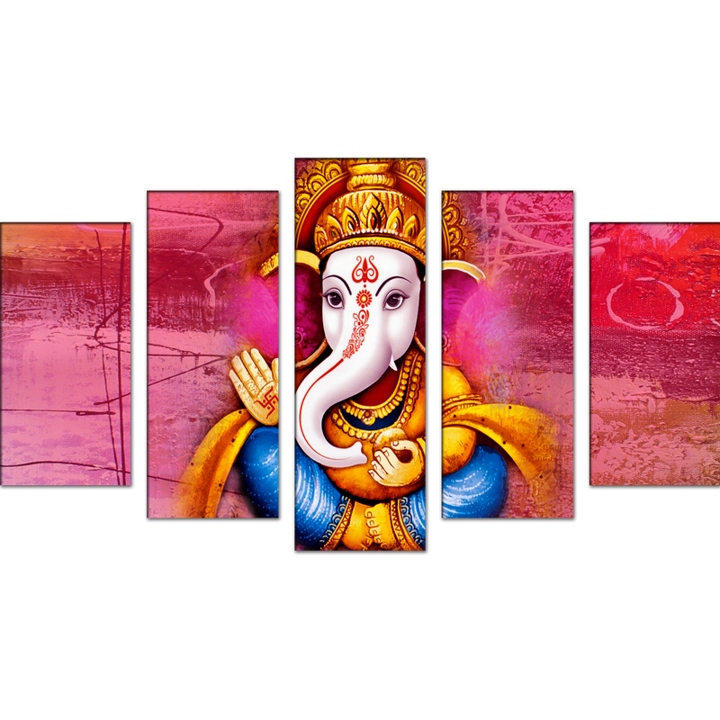 Lord Ganesha With Red Background Canvas Wall Painting- With 5 Frames