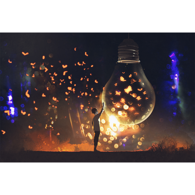 Man With Glowing Big Bulb Digitally Printed Wallpaper