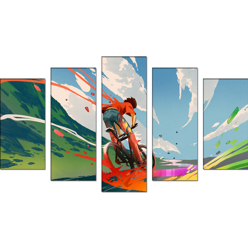 Boy Riding A Bicycle With Energy Canvas Wall Painting- With 5 Frames