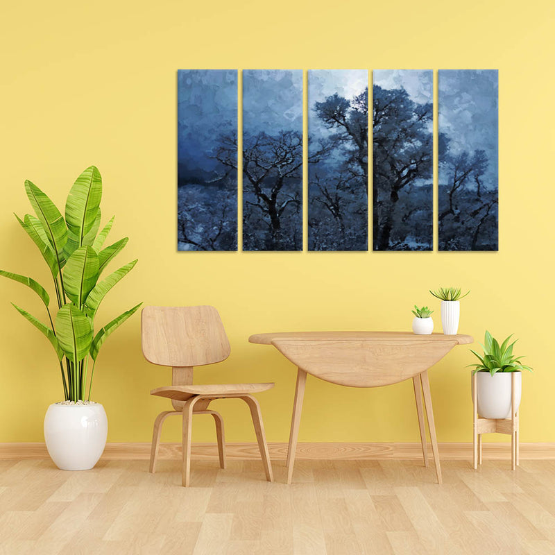 Blue Tree Canvas Wall Painting - With 5 Panel