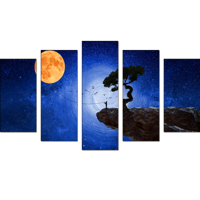 Child Catches The Moon Canvas Wall Painting- With 5 Frames