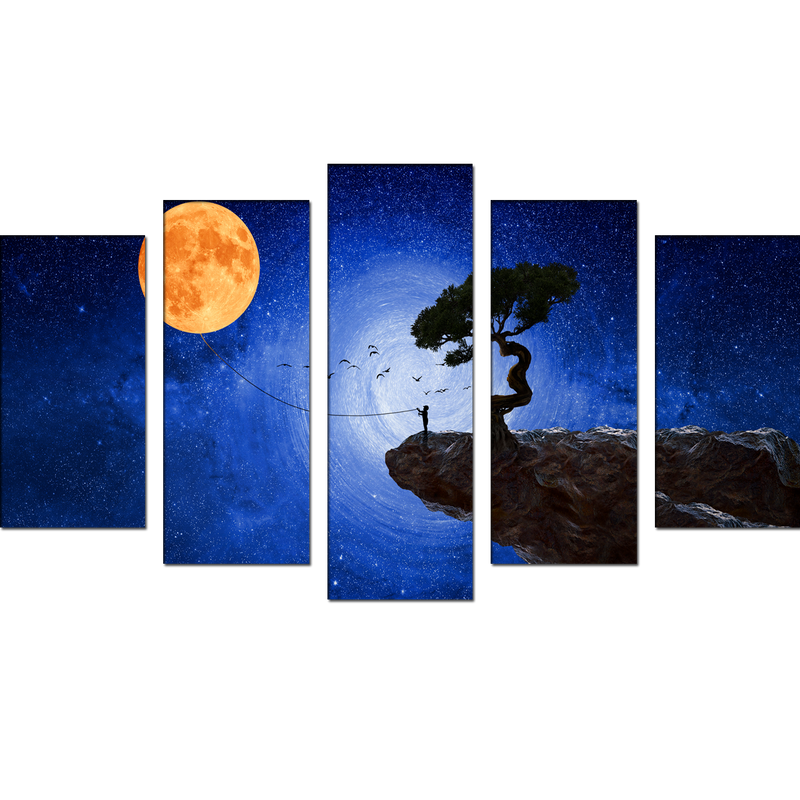 Child Catches The Moon Canvas Wall Painting- With 5 Frames