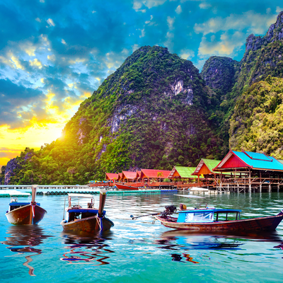 Beautiful Mountain & Boat Sunset Scenery Digitally Printed Wallpaper