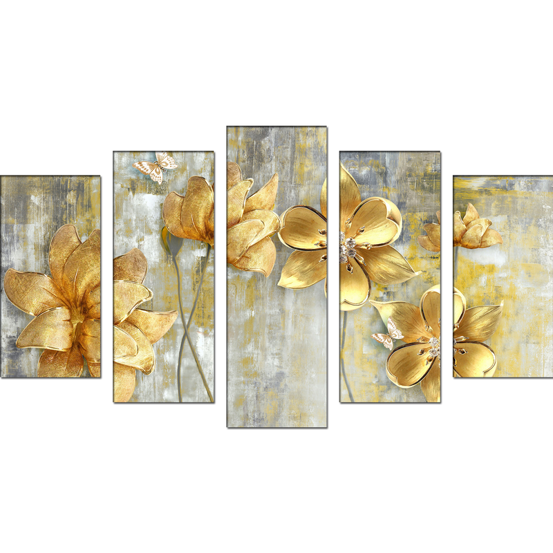 Golden Flower Wood Framed Canvas Wall Painting- With 5 Frames