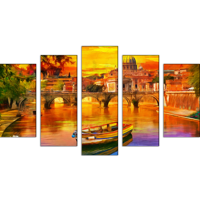 Abstract Lake Scenery Canvas Wall Painting- With 5 Frames