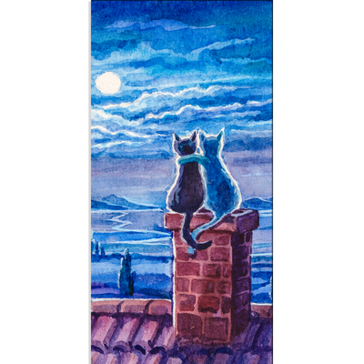 Cats Sitting On Roof Under Moonlight Canvas Wall Painting