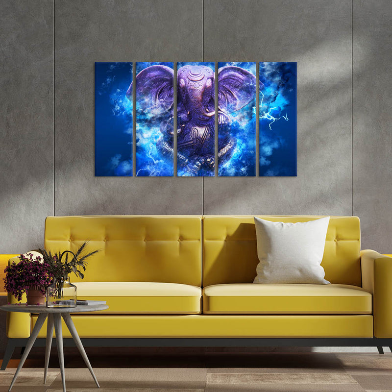 Ganesha Illustration Canvas Wall Painting - With 5 Panel