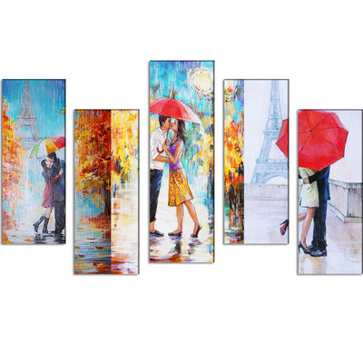 Couple In Rain Canvas Panel Wall Painting - With 5 Frames