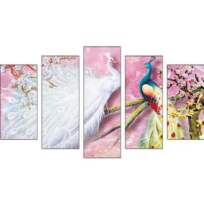 Beautiful white & Colored Peacock Canvas Wall Painting- With 5 Frames
