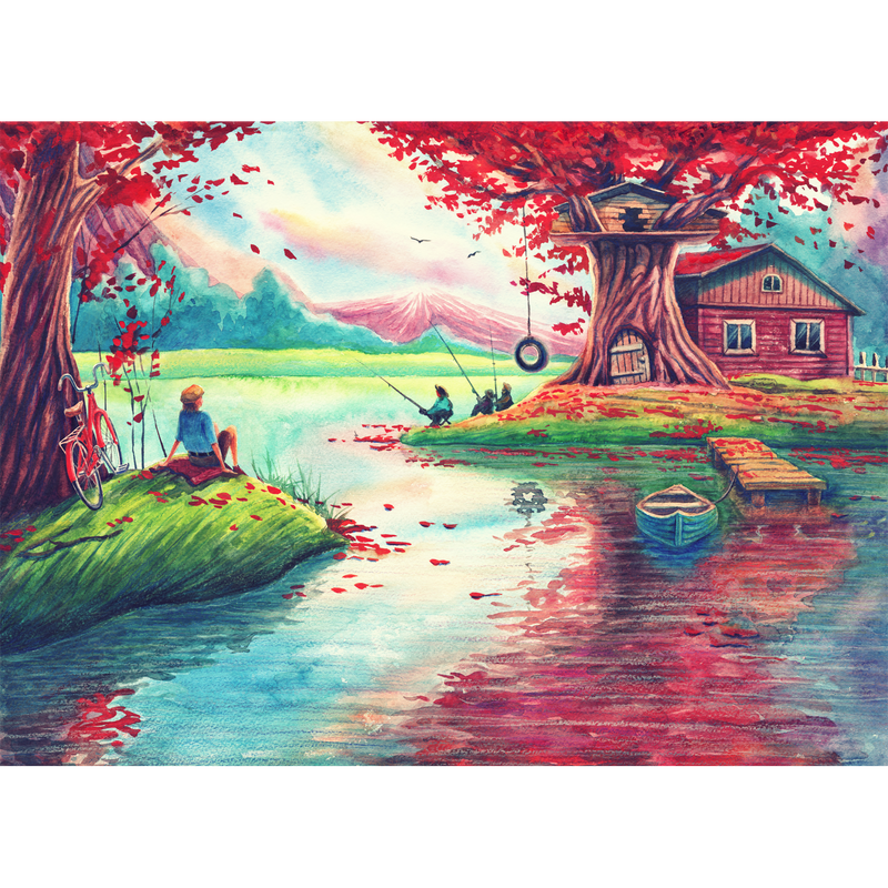 Oil Painting Village Scenery Digitally Printed Wallpaper