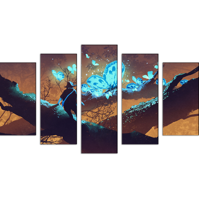 Man Looking at Blue Butterflies Canvas Wall Painting- With 5 Frames